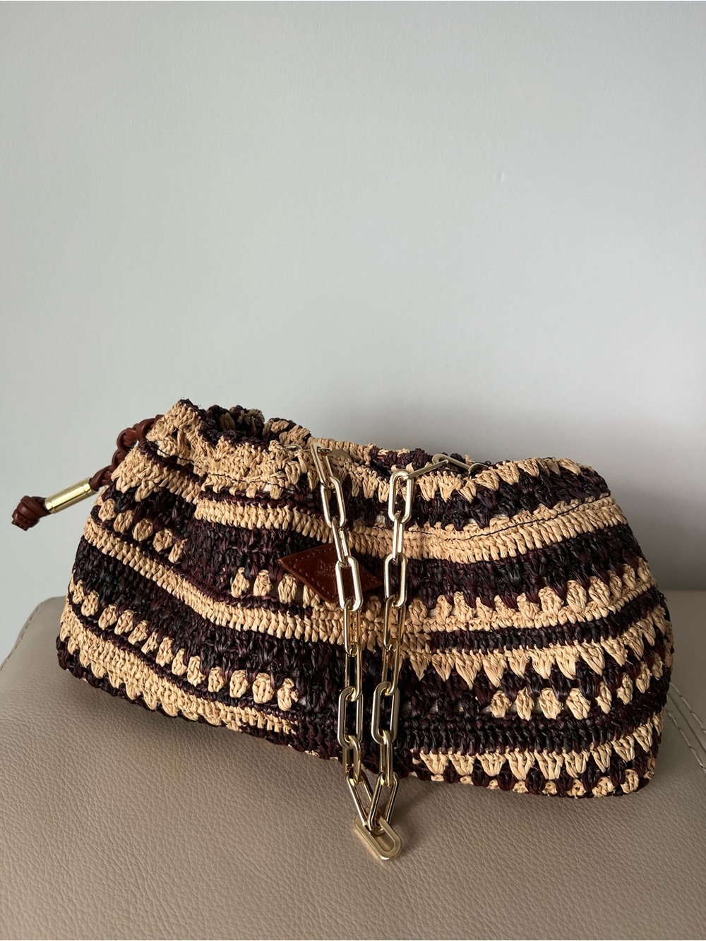ba&sh Brown and Cream Woven Clutch with Gold Chain